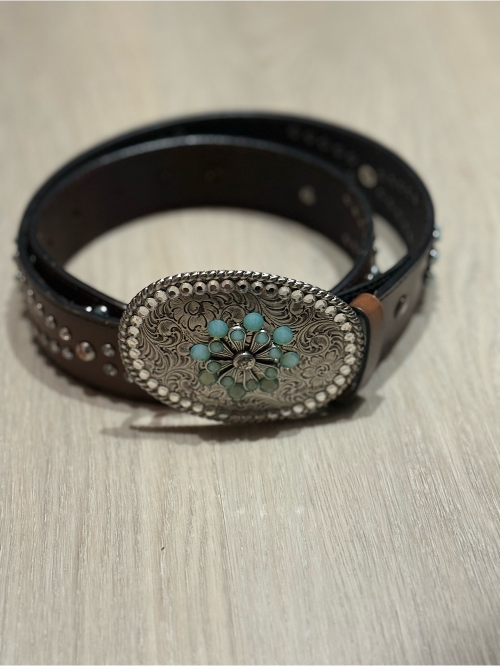 Ariat Brown Leather Belt with Turquoise Accent Concho